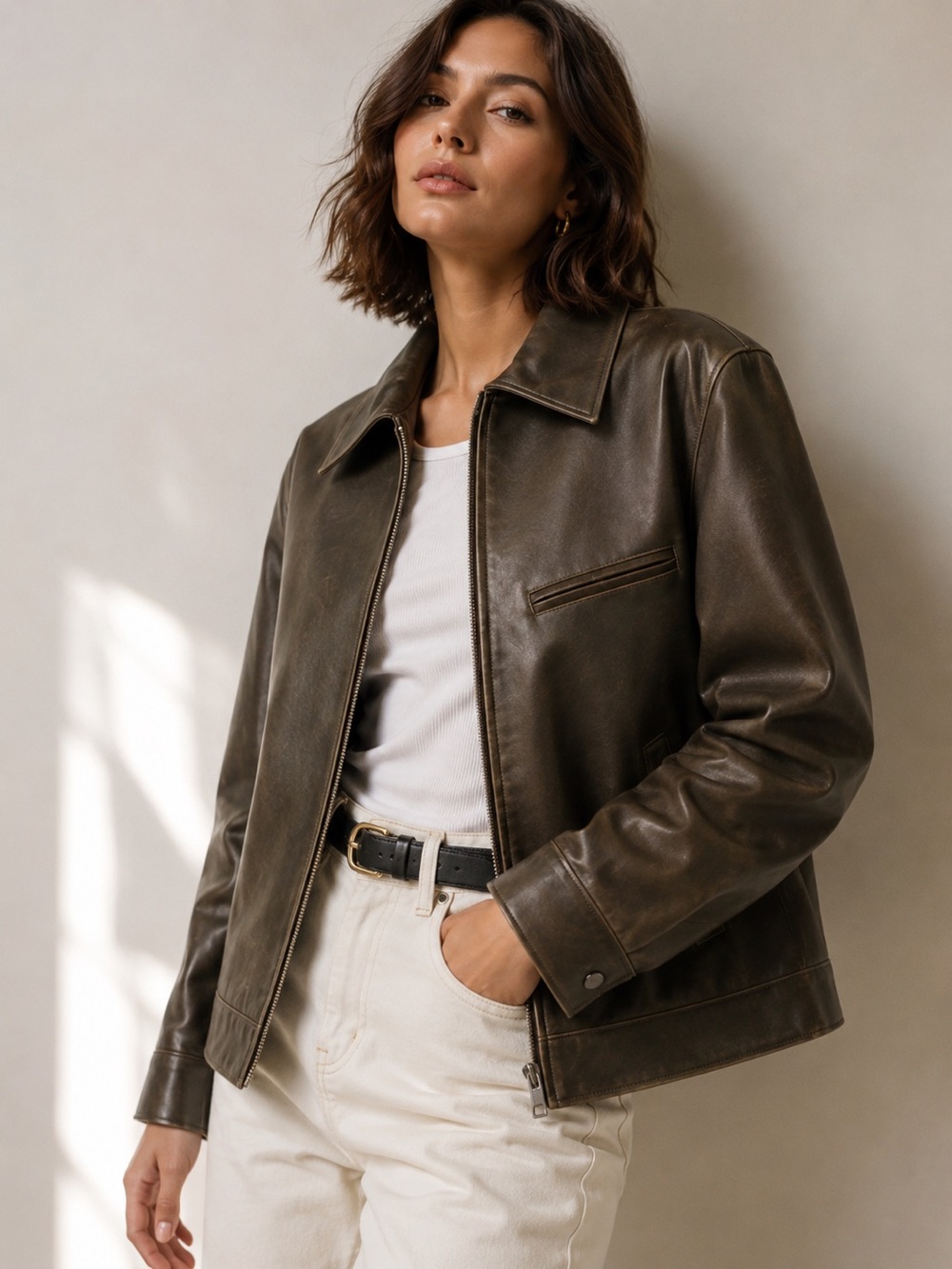 Quince Olive Brown Leather Jacket